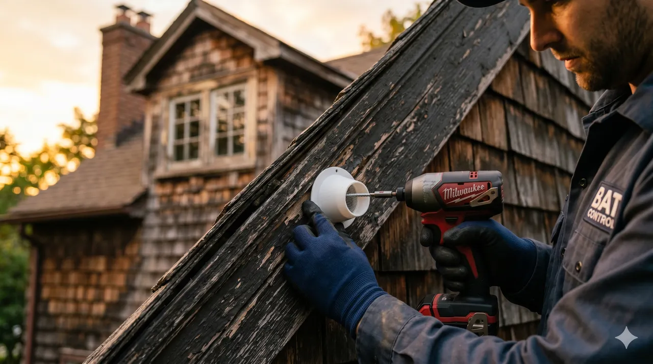 Professional technician installing a one-way bat exclusion valve on the side of a cedar-shake home at golden hour.